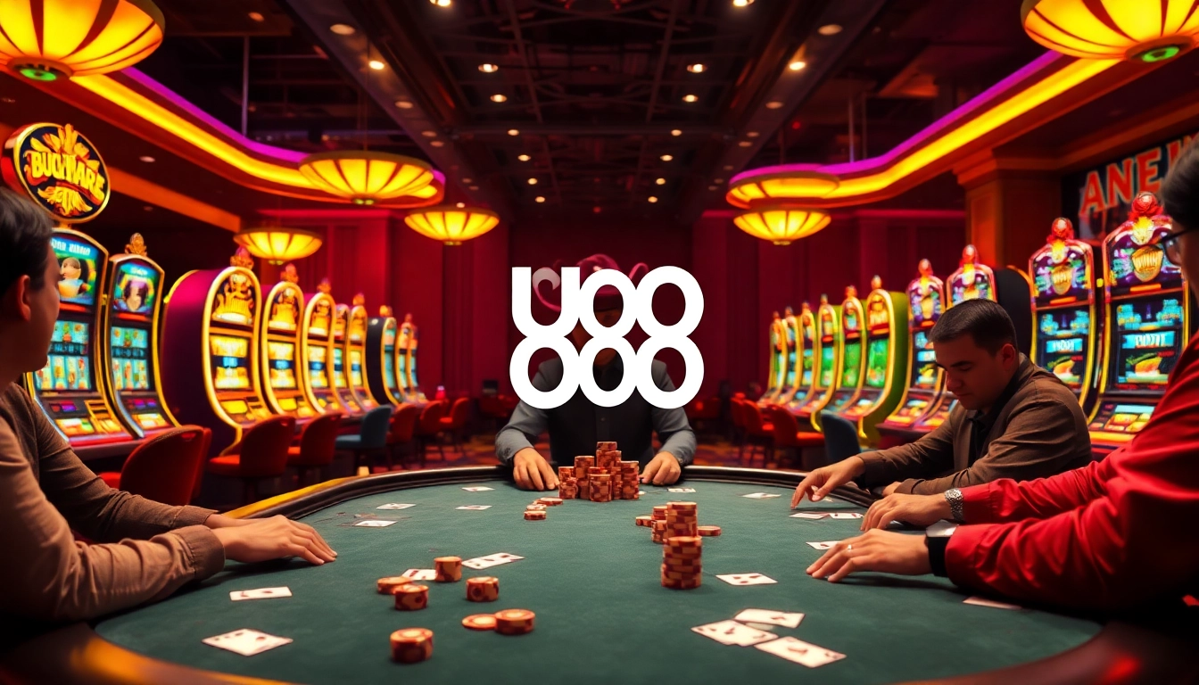 Experience the excitement of UU 88 at a high-stakes poker table with vibrant casino elements.