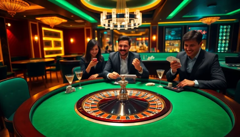 Players enjoying a thrilling game at BK8’s luxurious casino, featuring a roulette wheel and blackjack tables.