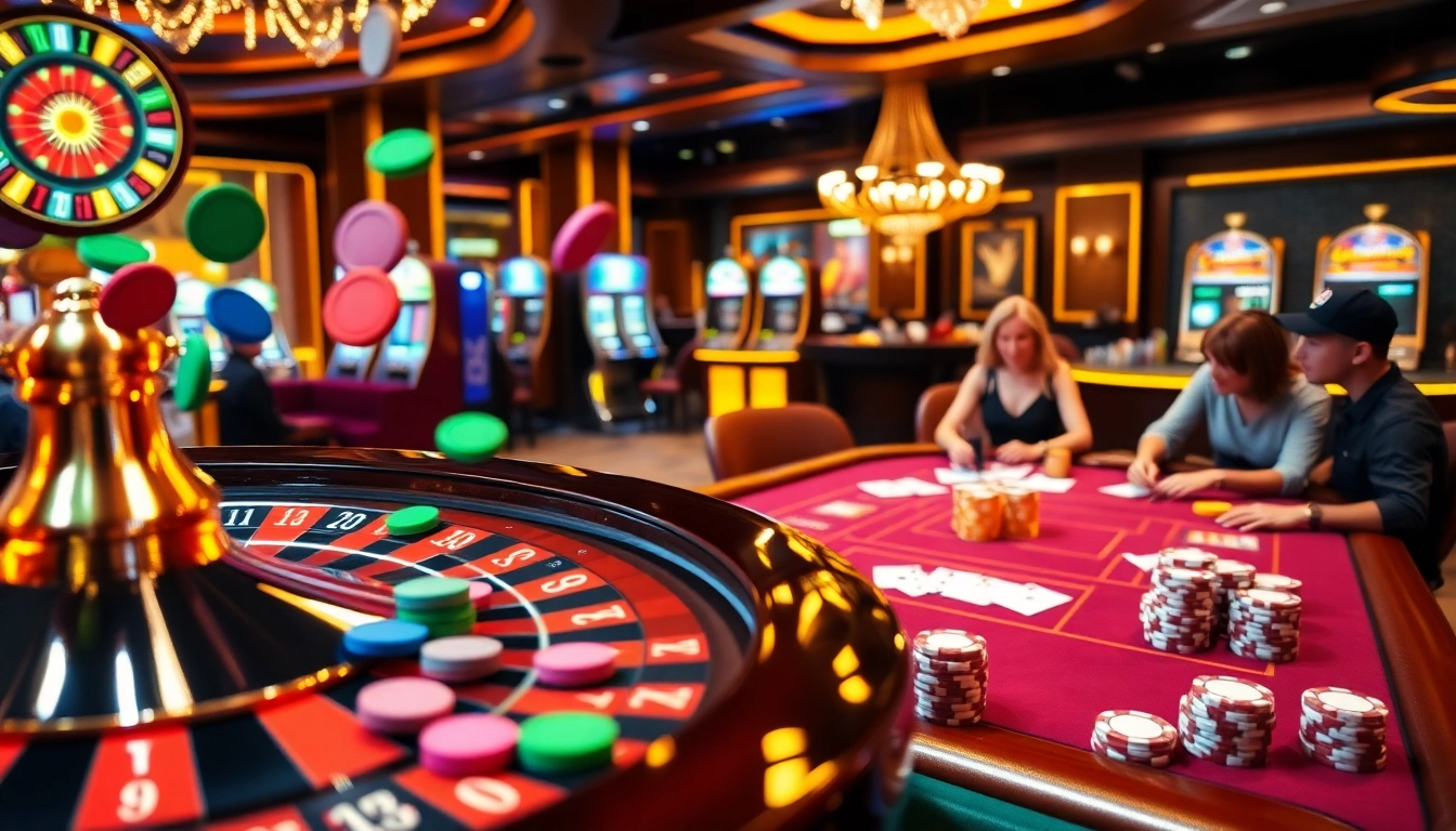 Exciting casino scene at https://kuwinblog.com/ featuring roulette, poker, and vibrant slot machines.
