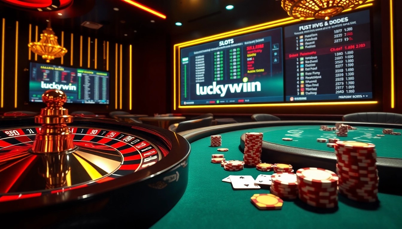 Experience the thrill of winning at Luckywin's luxurious casino with vibrant tables and roulette wheels.