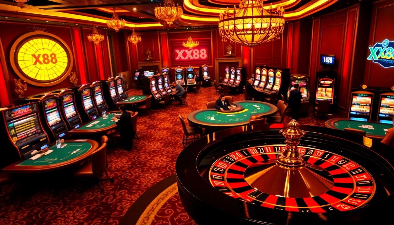 Players enjoying thrilling poker games at the XX88 casino, surrounded by vibrant slot machines.