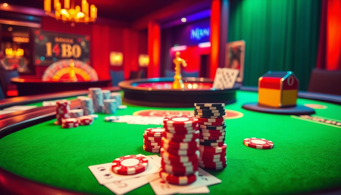 Experience the thrill at Man88 with poker chips and a dazzling casino table setup.