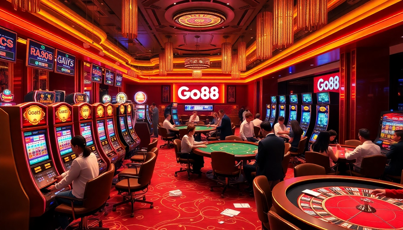 Enjoying a thrilling game at the Go88 shop featuring vibrant casino tables and slot machines.