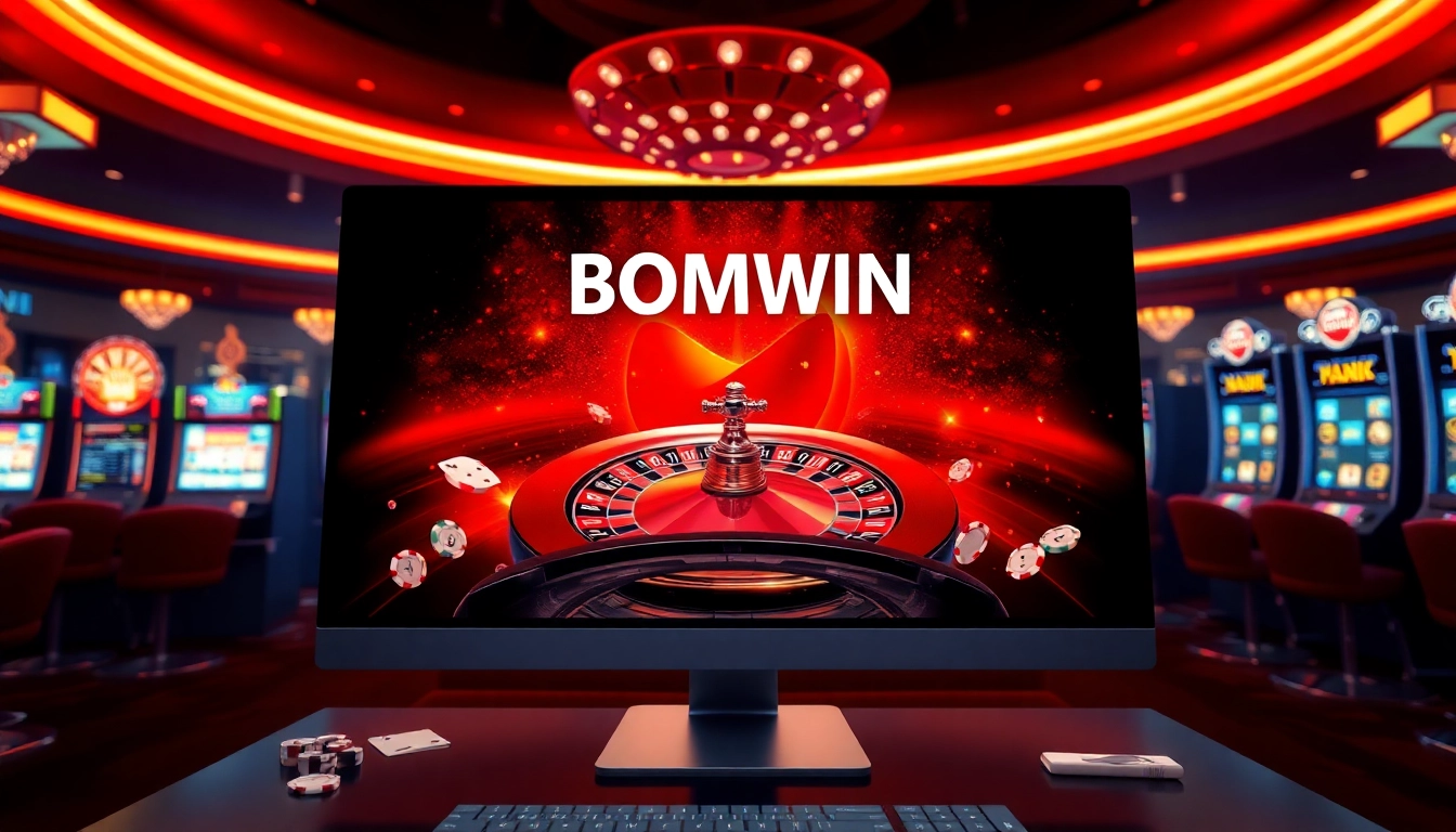Engaging scene of logging in to BOMWIN casino with roulette, poker chips, and vibrant visuals.