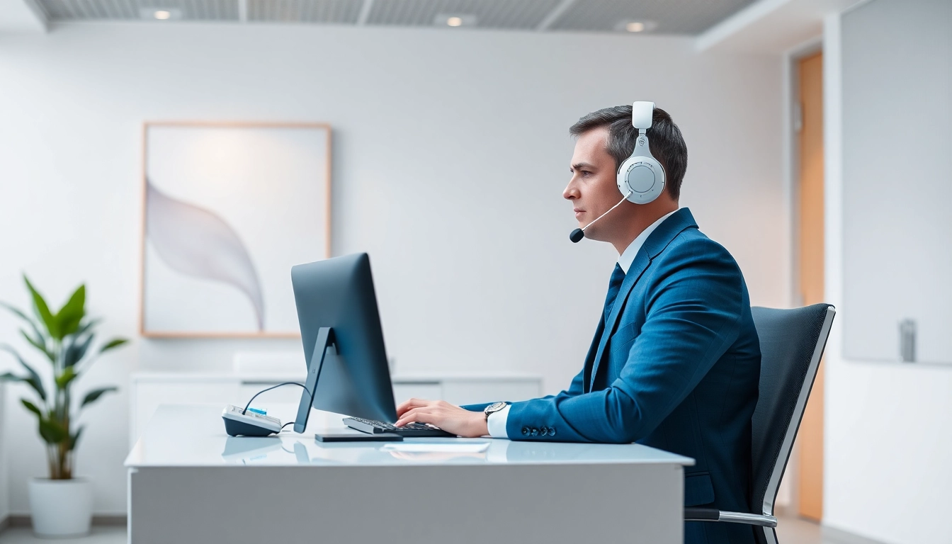 AI Receptionist engaging with clients in a modern office environment, showcasing professionalism and efficiency.