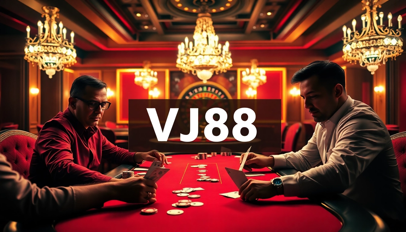 Experience thrilling gameplay at VJ88's luxurious poker table featuring vibrant chips and cards.