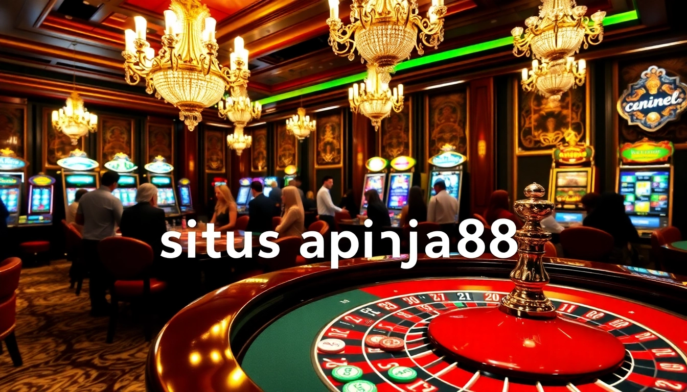 Exciting casino scene highlighting situs apiraja88 with luxurious roulette table and poker elements.