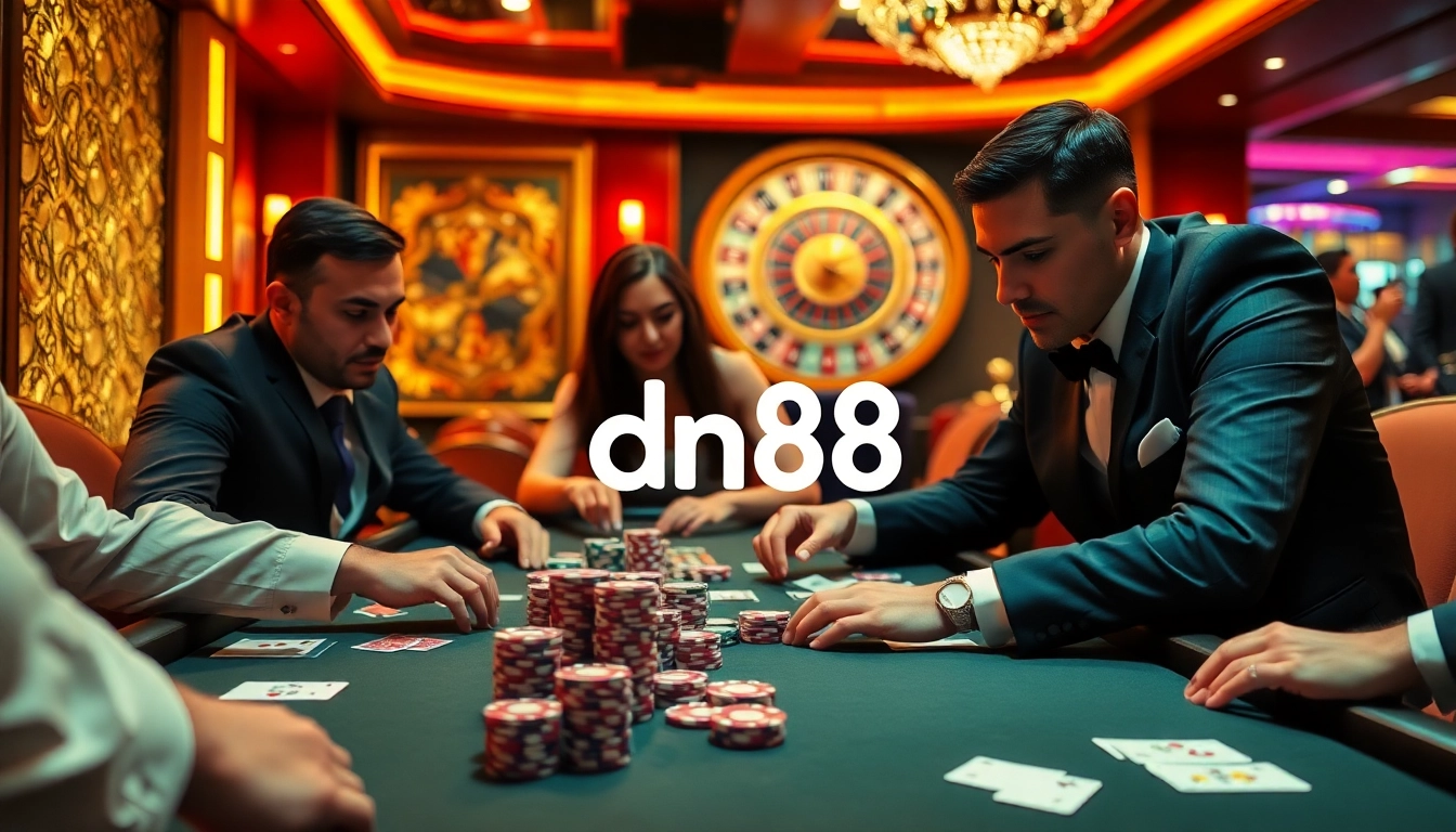 Professional poker game at a vibrant casino featuring dn88 chips and glowing atmosphere.
