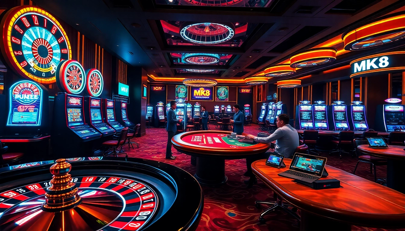 Players enjoying high-stakes games with MK8 branding in a luxurious casino setting.