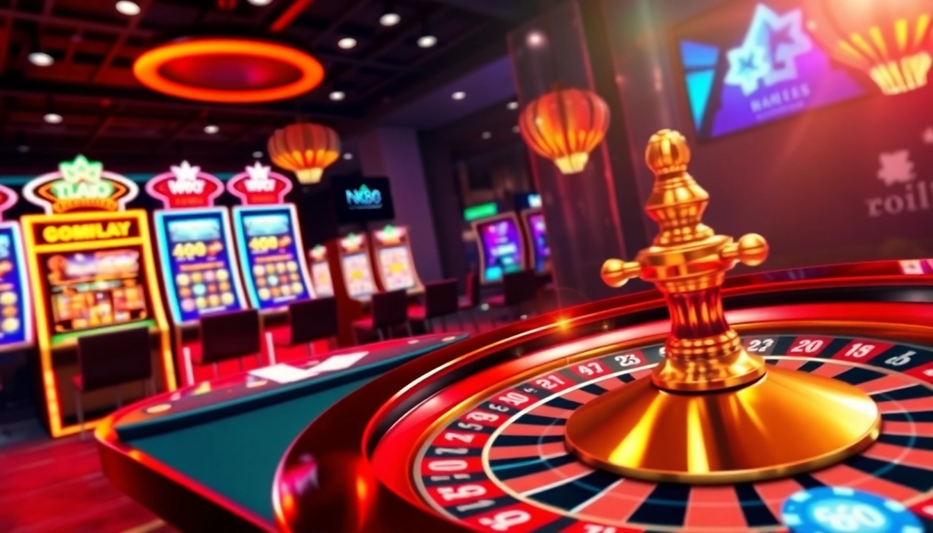 Exciting nk88 online casino scene with vibrant slot machines and poker table