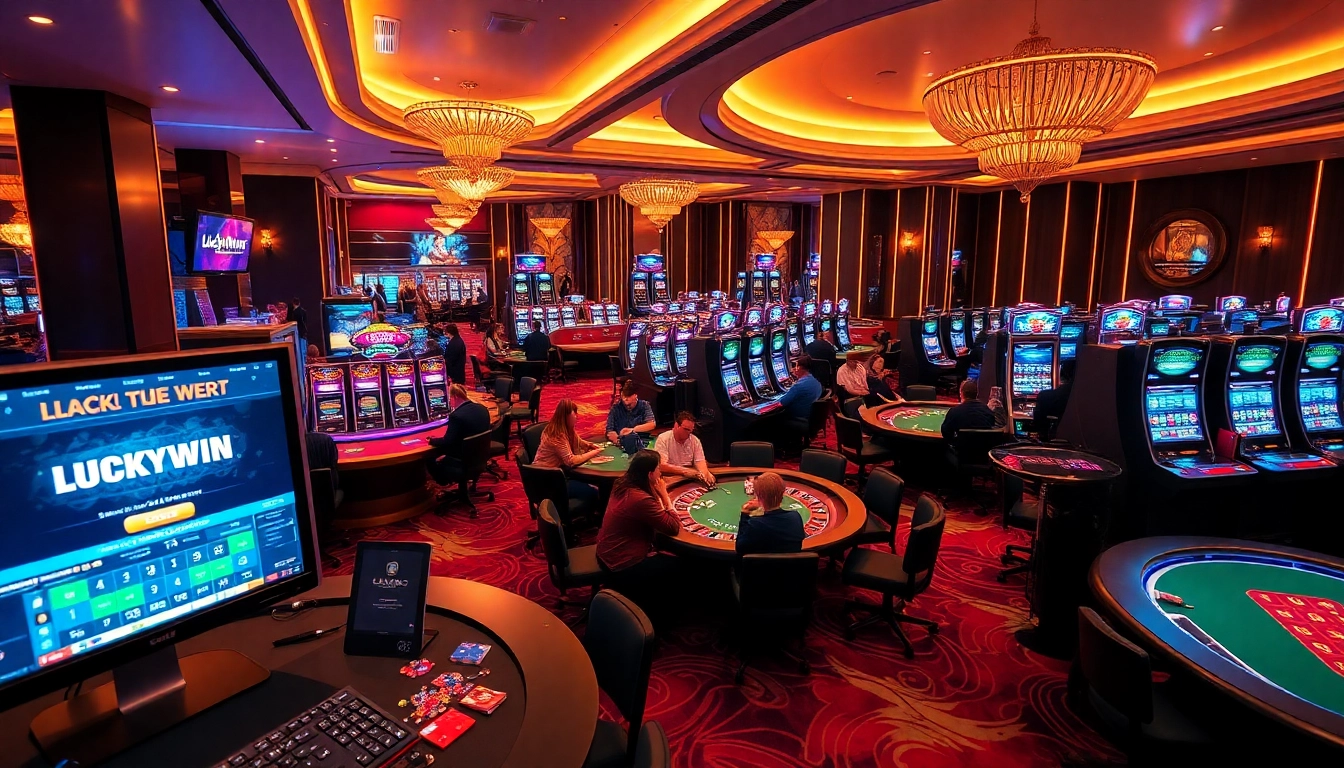 Players enjoy games at Luckywin's vibrant casino, featuring roulette, blackjack, and engaging slots.