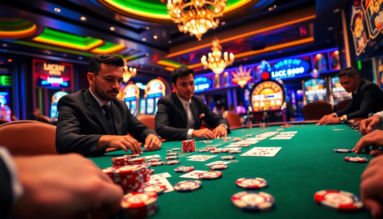 Engaged players strategizing at an lc888 poker table in a luxurious casino setting.