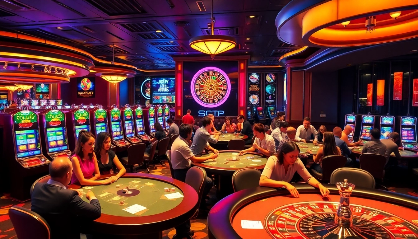 Players enjoying gambling at tables and slot machines at https://tg88co.com/ casino, capturing excitement and luxury.