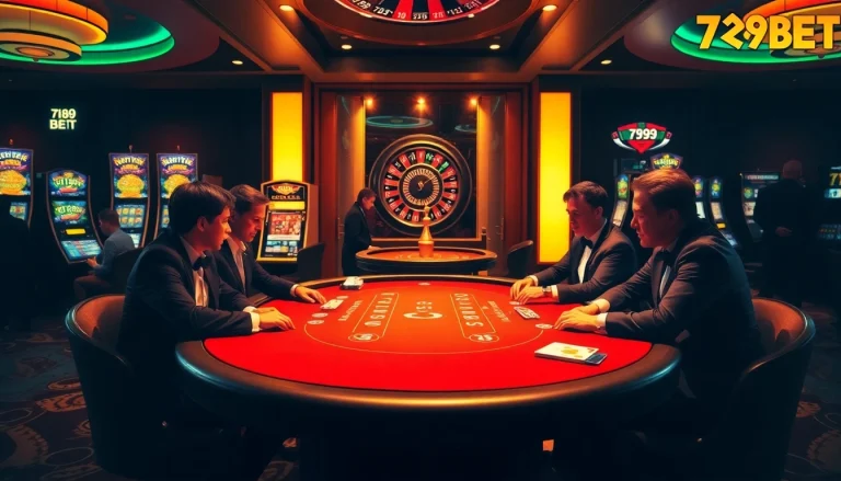 Exciting poker game at 789BET casino featuring vibrant chips and lively atmosphere.