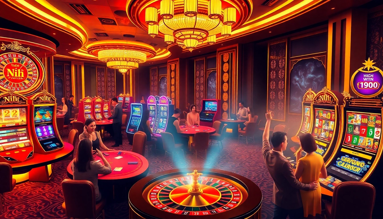 Nổ hũ slot machine excitement with luxury casino ambiance and players celebrating wins