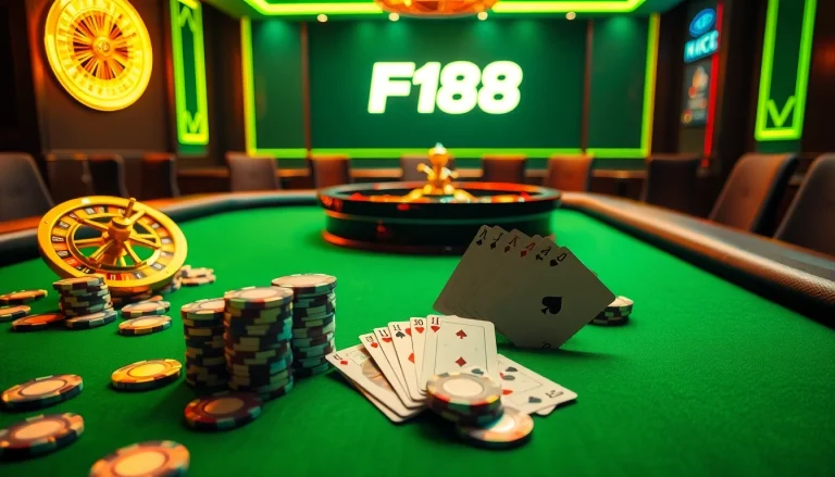 Experience thrilling moments at the F168 casino table featuring chips, cards, and a roulette wheel.