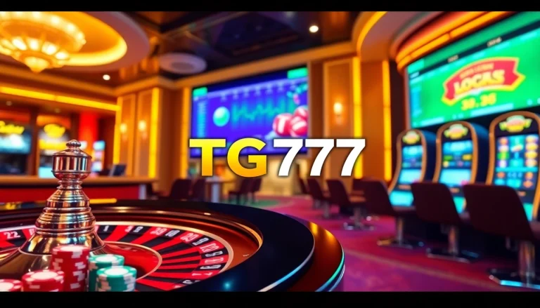 Engaging scene of TG777's online casino experience with poker chips and a roulette wheel.