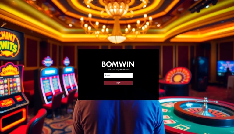 Login interface at BOMWIN with vibrant casino elements and gaming excitement.