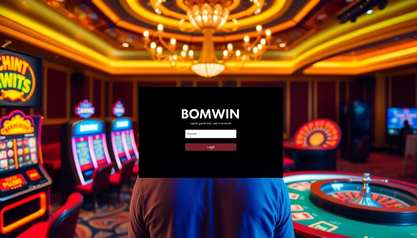 Login interface at BOMWIN with vibrant casino elements and gaming excitement.