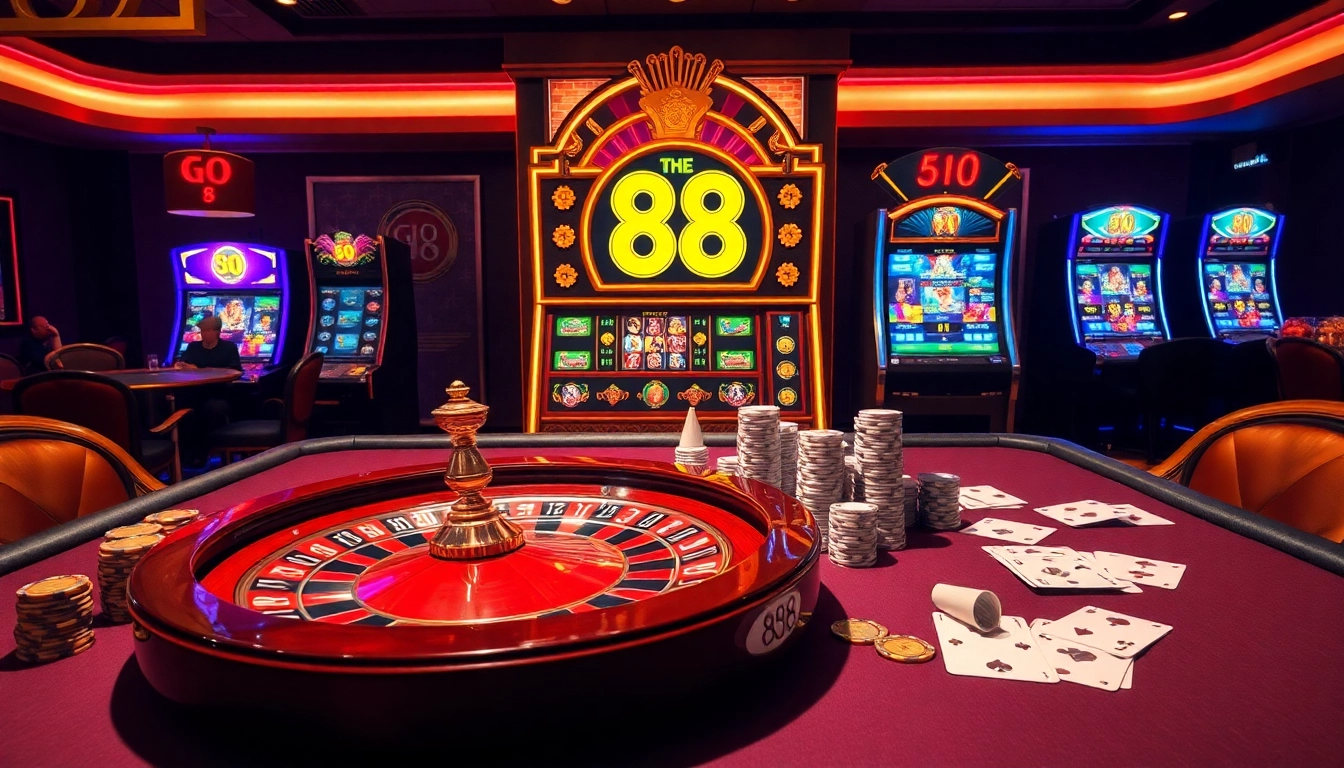 Players enjoying high-stakes action in a luxurious casino with go 88 elements, highlighting excitement.