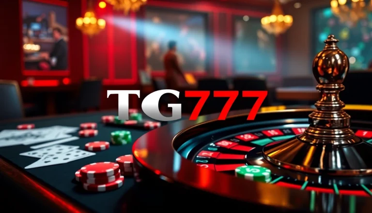 Exciting game action at TG777 online casino showcasing poker chips and cards.