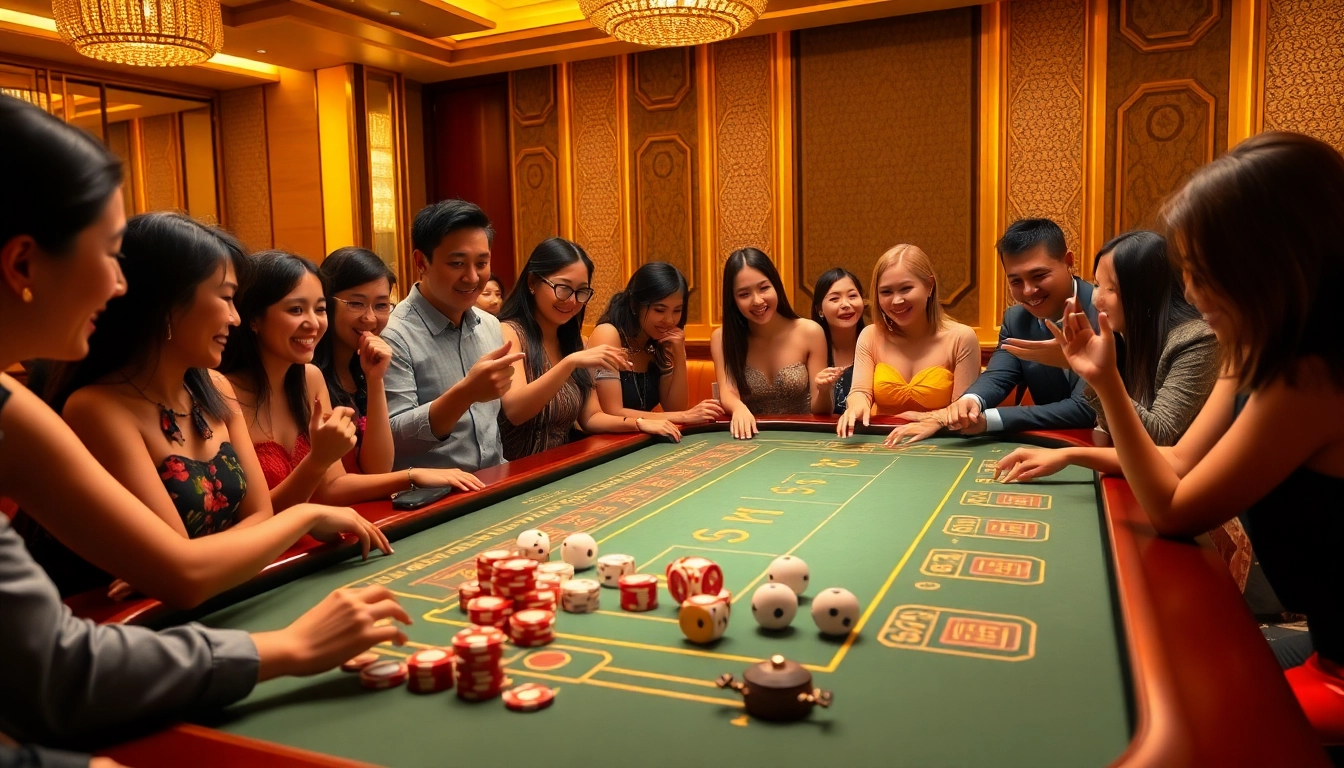 Tài xỉu online game table with players placing bets, showcasing excitement in a luxurious casino atmosphere.