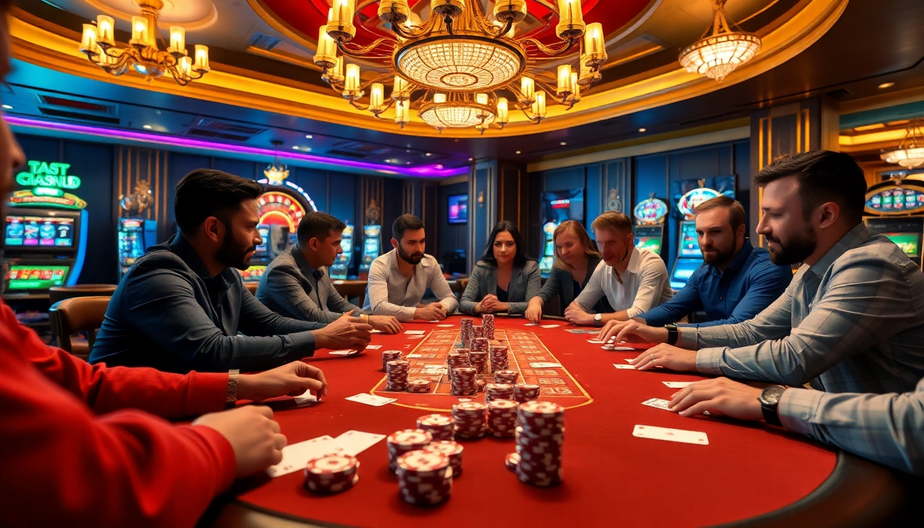 Intense b52 club poker action at a luxury casino, showcasing vibrant poker chips and cards.