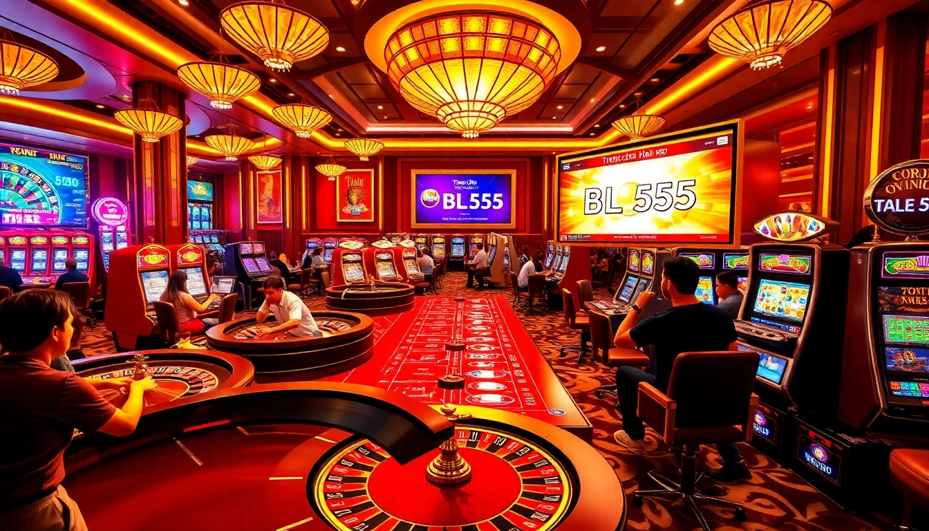 Engaging scene of gamblers enjoying high-stakes games at Trang chủ BL555 casino with vibrant roulette wheels.