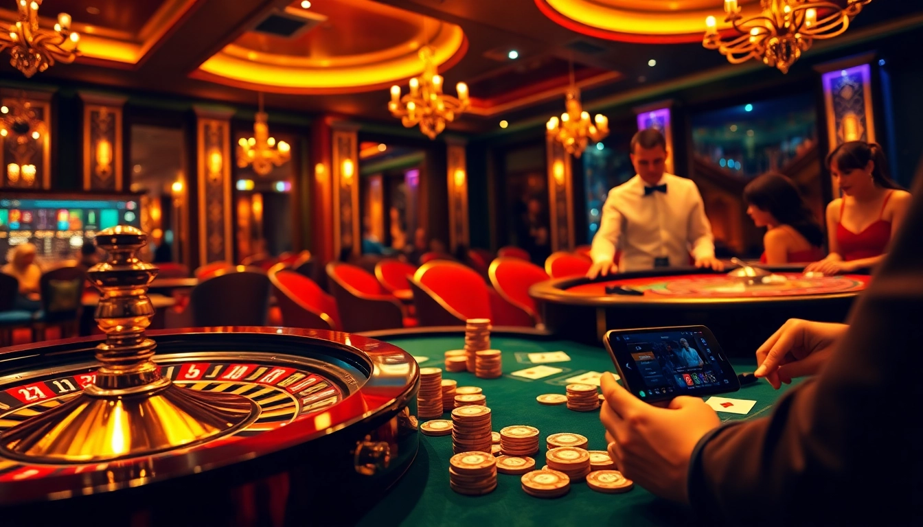 S8 casino app displayed on a smartphone with poker chips and roulette wheel in a luxurious casino setting