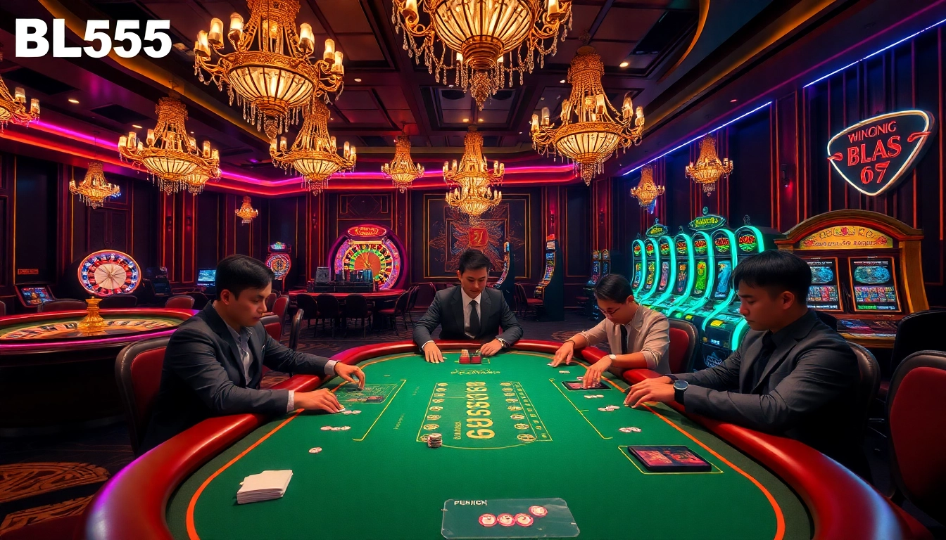 An exciting image of Nhà cái BL555 showcasing a luxurious casino ambiance with poker tables, roulette wheels, and vibrant gambling elements.