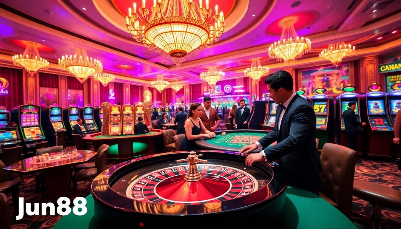 Experience the excitement of jun88 com at a lively casino table with vibrant poker chips and cards.