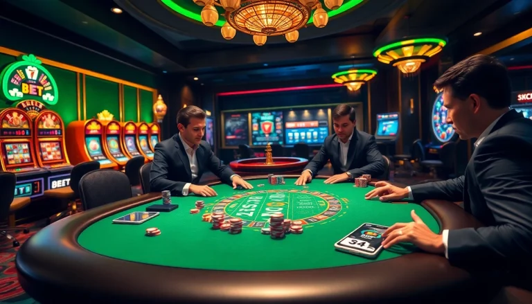 Engage with link vào 8xbet by playing blackjack at an opulent casino table filled with colorful chips.