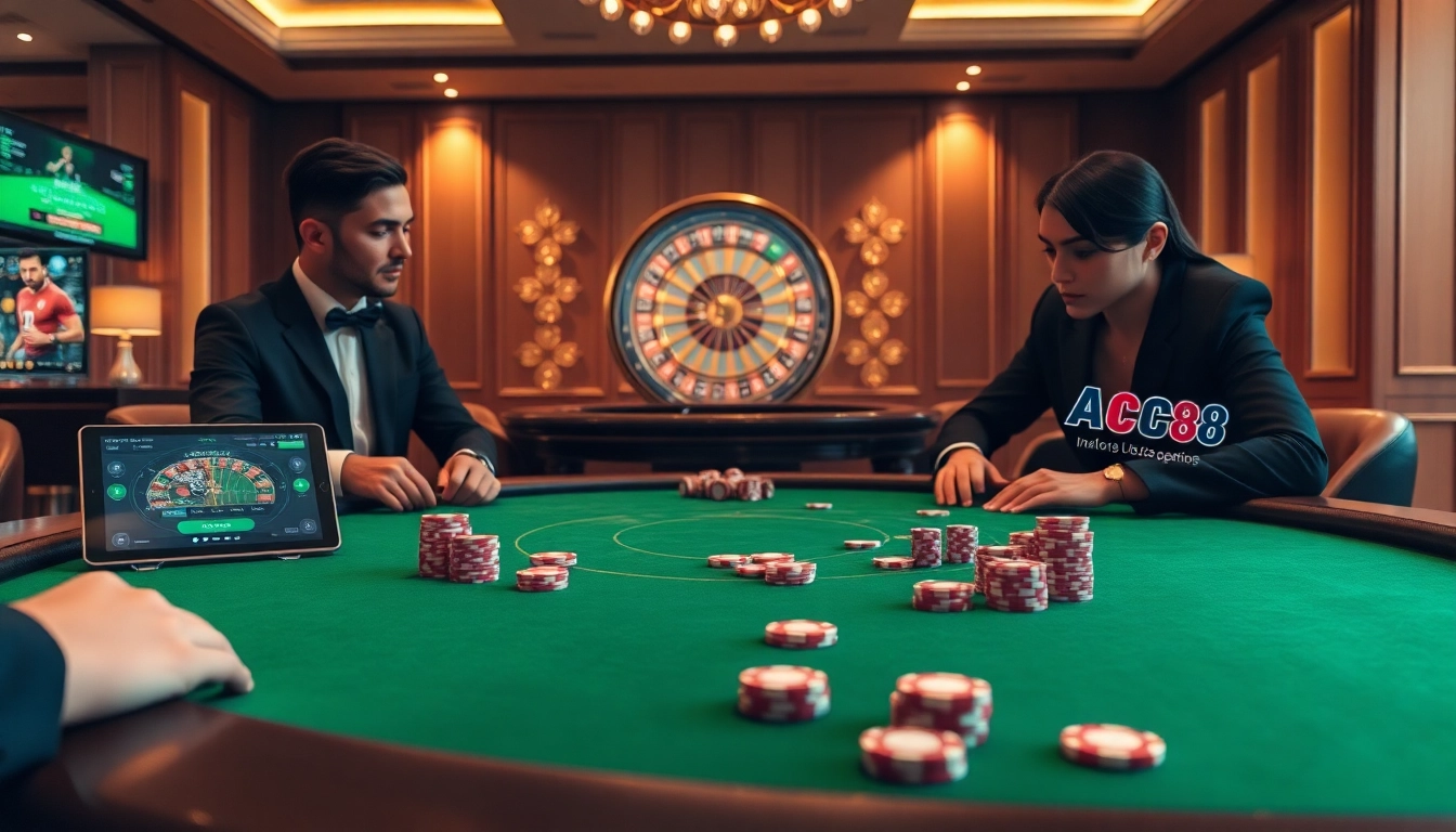 Experience the thrill of gambling with ABC8 at a professional poker table, showcasing intense gameplay and vibrant chips.