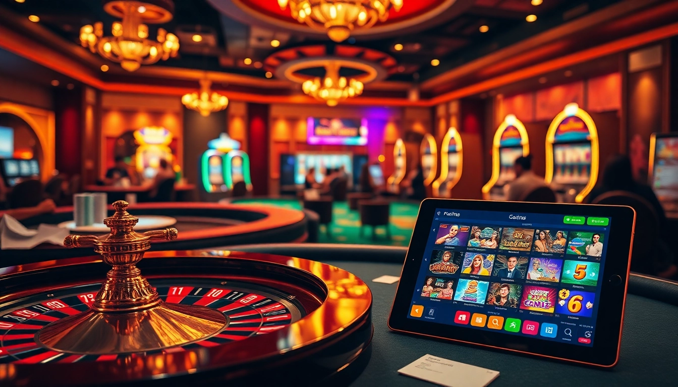Experience luxury with gamebaidoithuong in a vibrant casino setting featuring poker chips and a roulette wheel.
