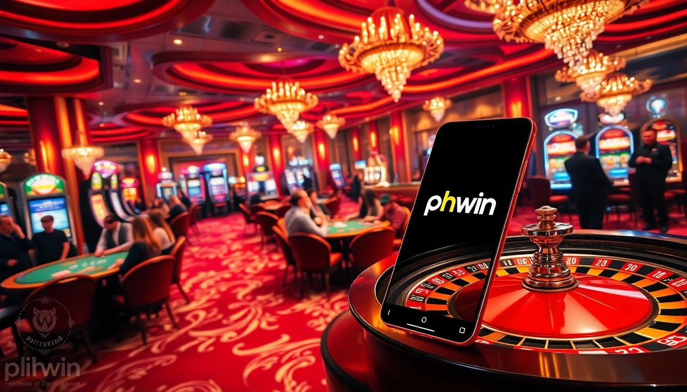 Excited players engage at a luxurious casino, highlighting phwin online gaming excitement.