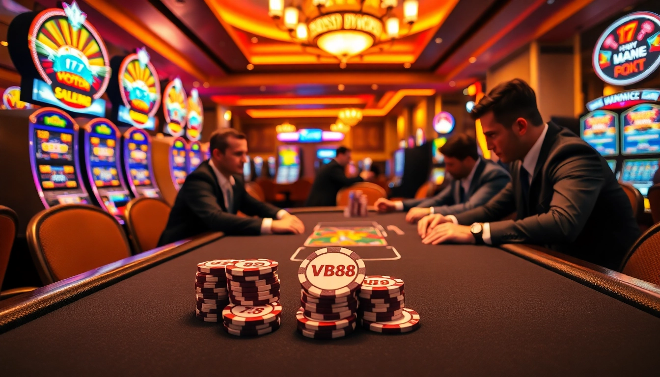 Experience excitement at the VB88 poker table with vibrant chips and lively players.