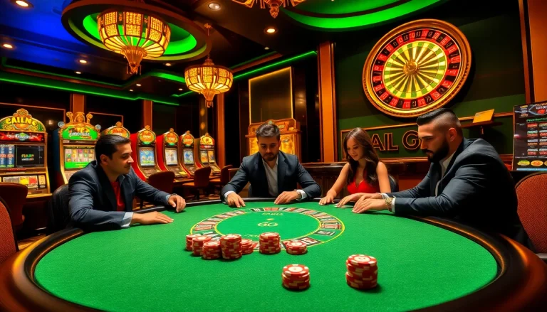 Excited gamblers playing at a luxurious casino table at 98win com, highlighting the thrill of gaming.