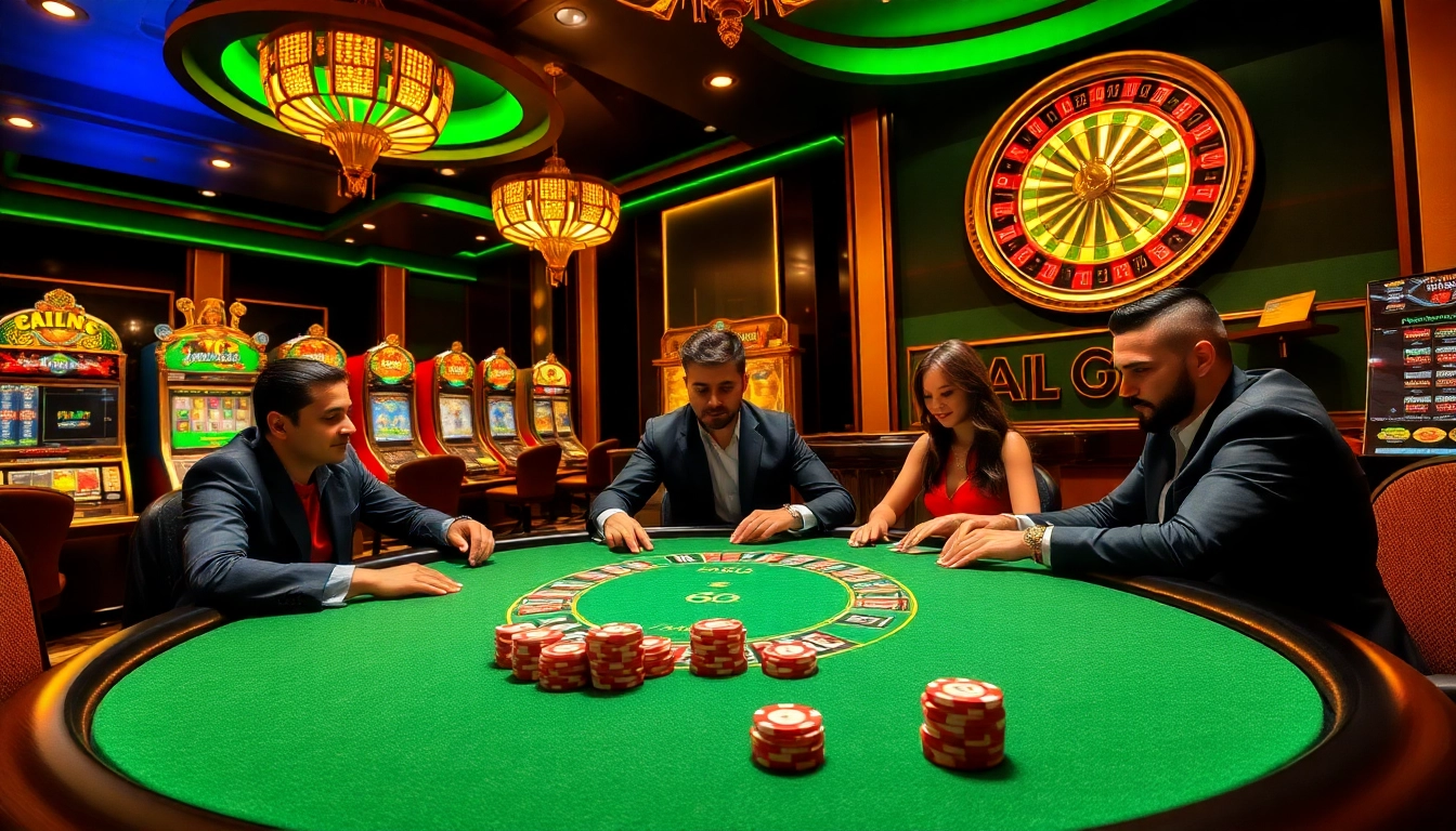 Excited gamblers playing at a luxurious casino table at 98win com, highlighting the thrill of gaming.