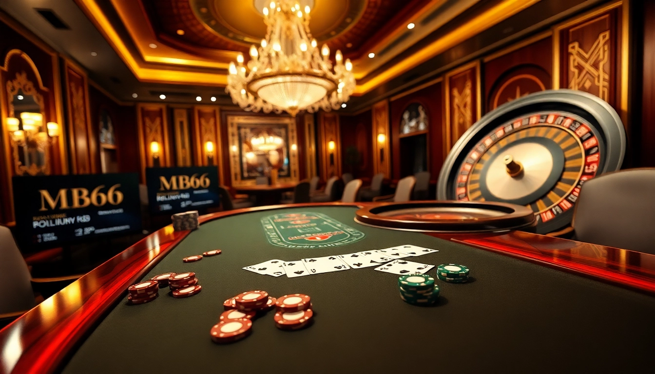 Players rejoicing with winning poker hands at MB66 Casino's vibrant gaming tables.