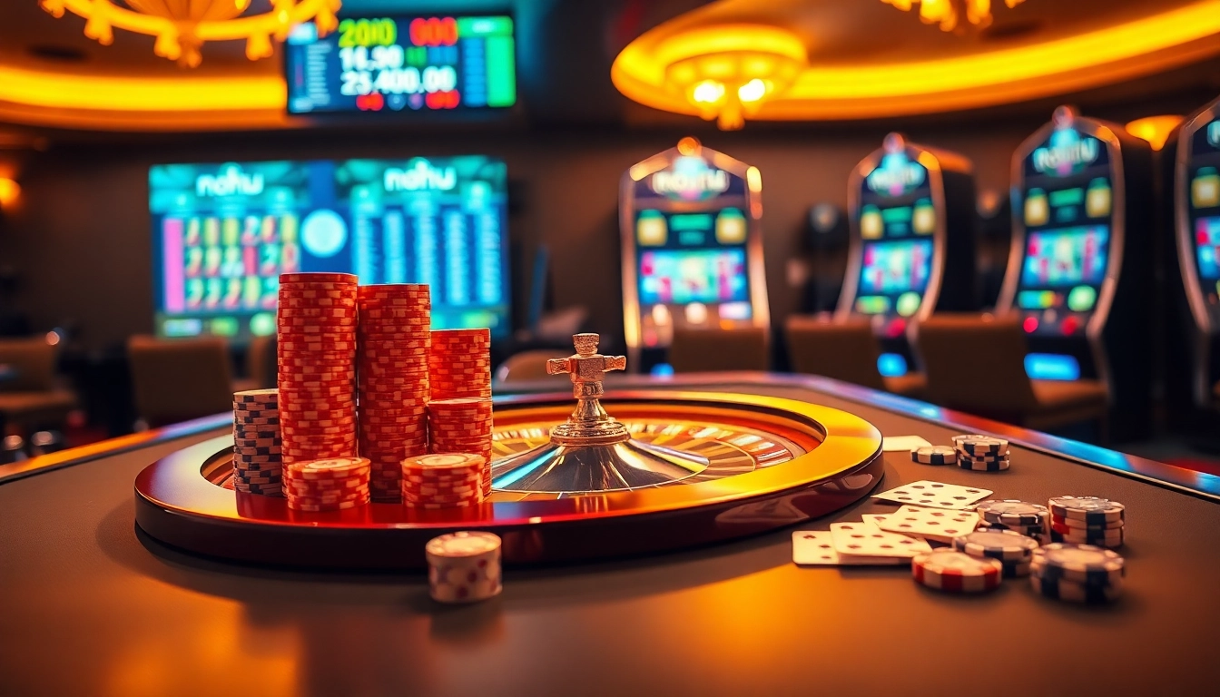 Experience the excitement of nohu with vibrant casino elements like poker chips and a roulette wheel.