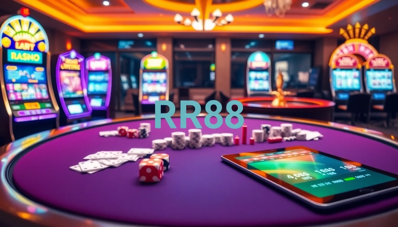 Exciting RR88 casino experience with poker chips and slot machines in a luxurious setting.