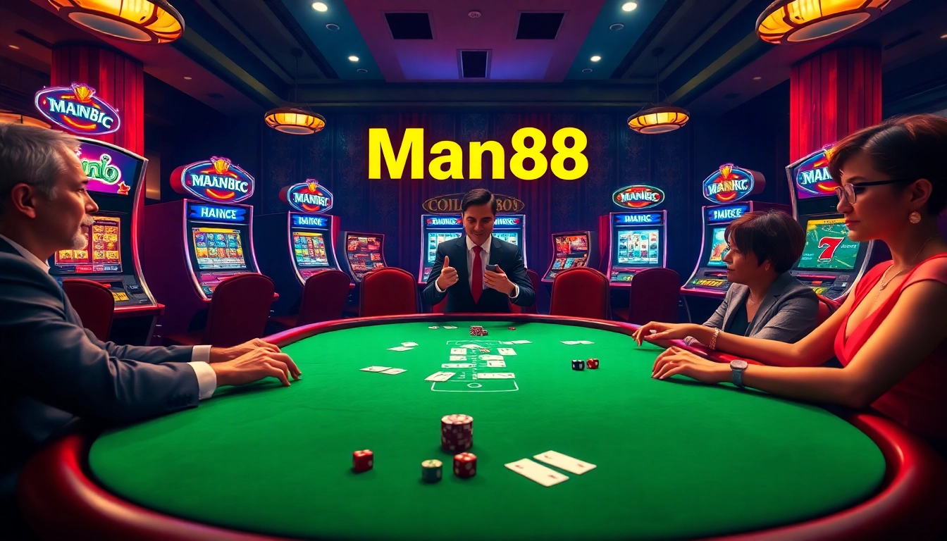 Experience the excitement of Man88 with vibrant casino visuals featuring poker, slots, and betting.