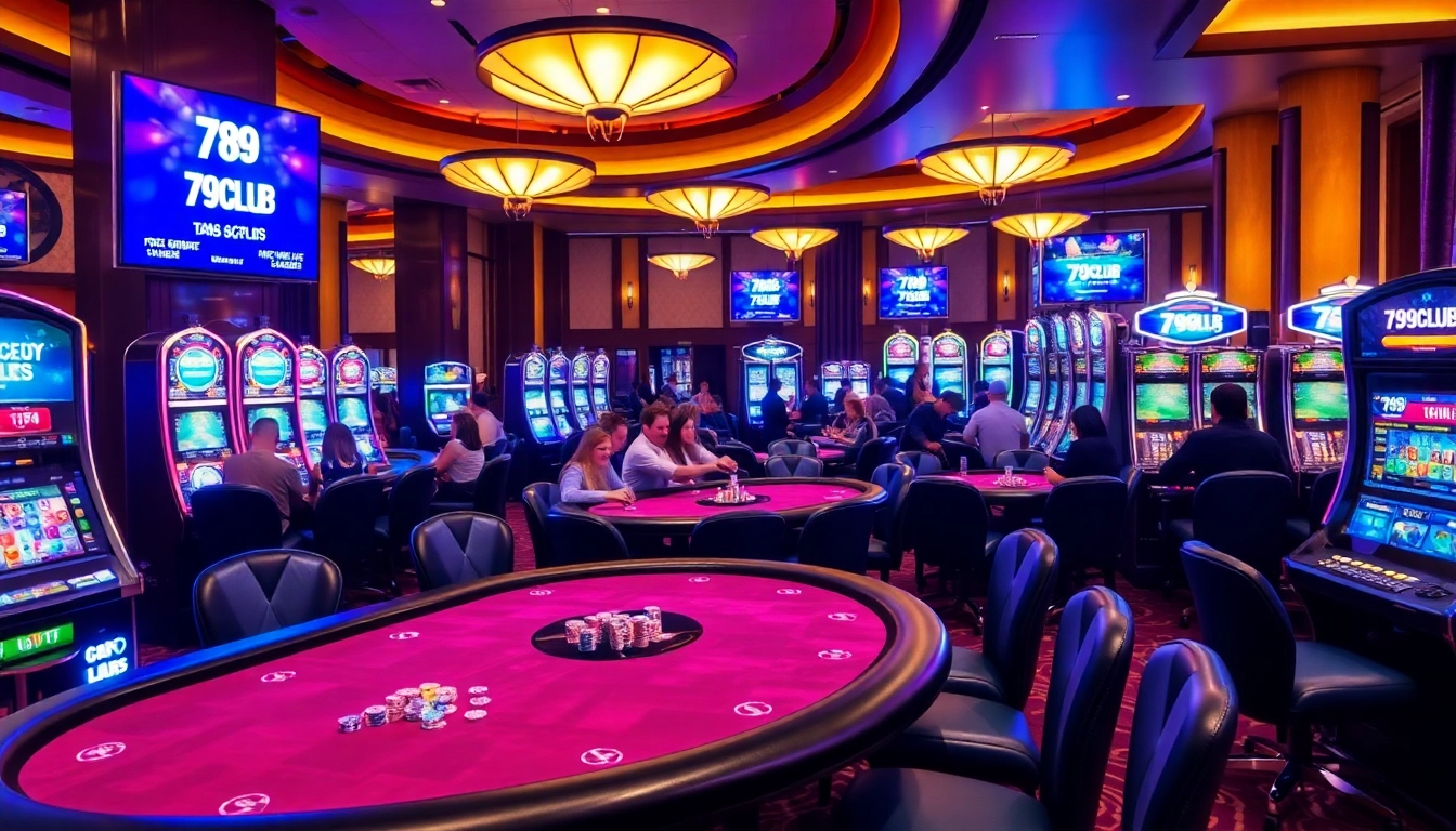 A thrilling scene at 789CLUB, featuring vibrant casino tables and engaged players enjoying slots and poker.