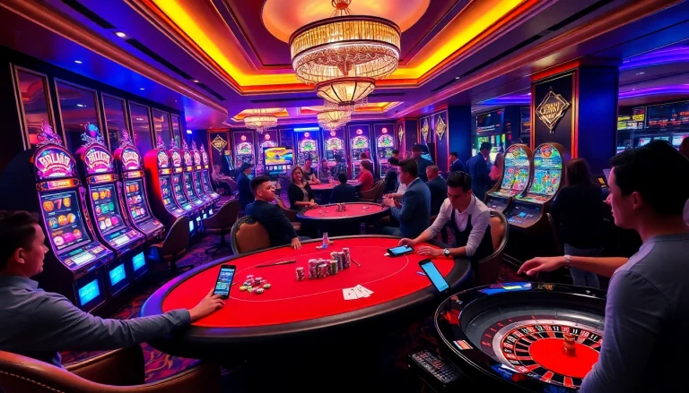 Experience the excitement of tải hitclub with players engaged in thrilling casino action and vibrant slot machines.