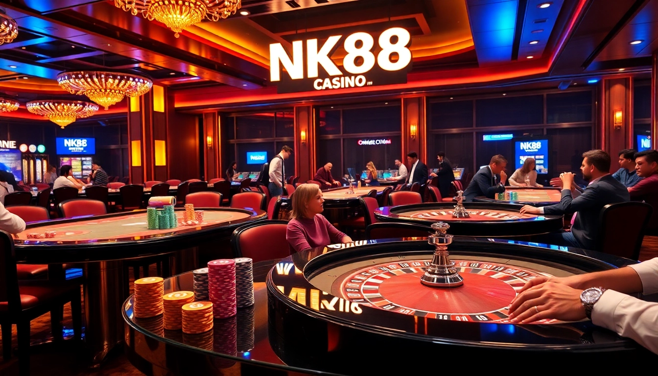 NK88 Casino scene showcasing poker chips and roulette wheel in a luxurious gambling atmosphere