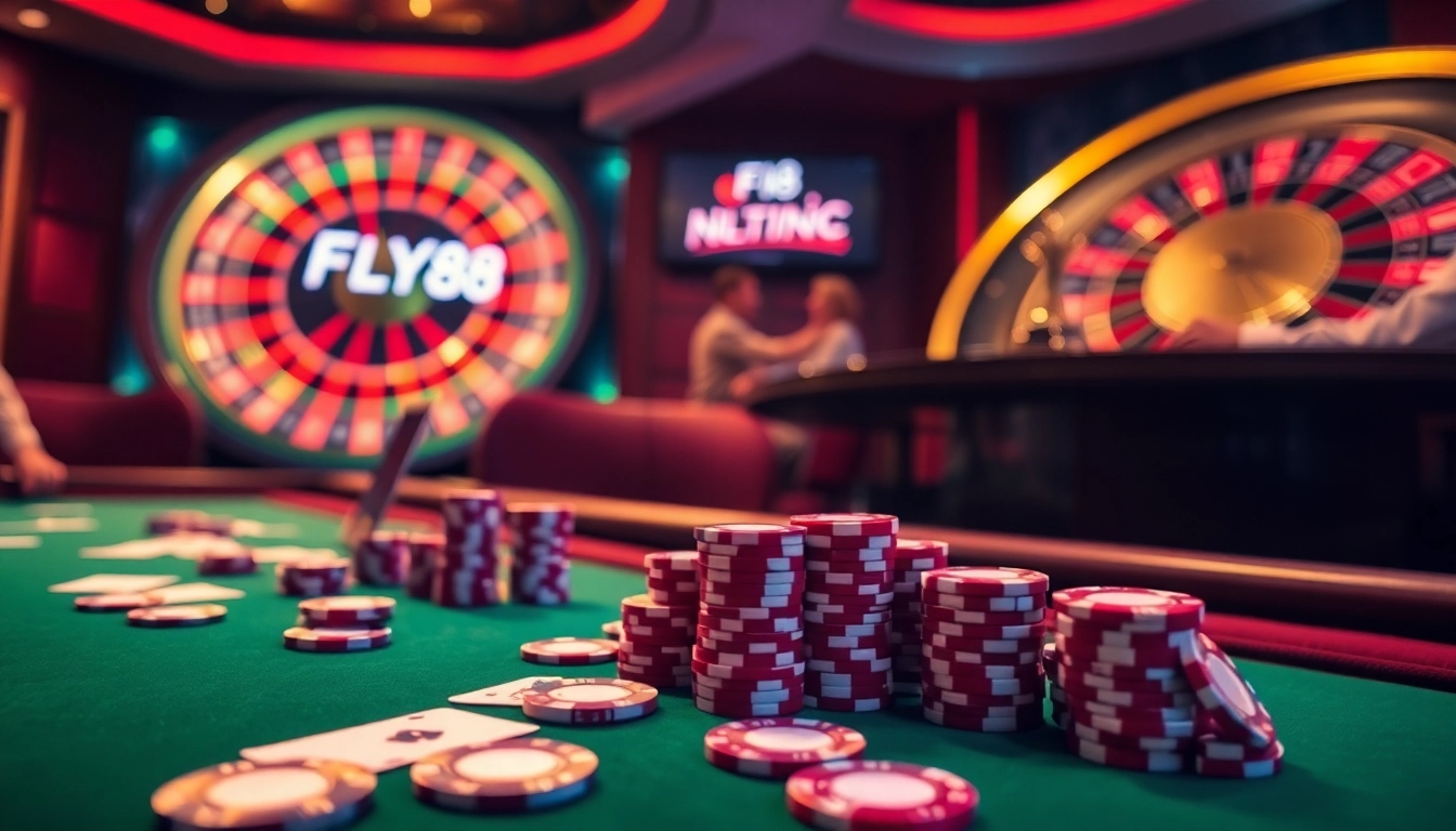 Players strategizing in a FLY88-themed casino scene with poker and roulette.