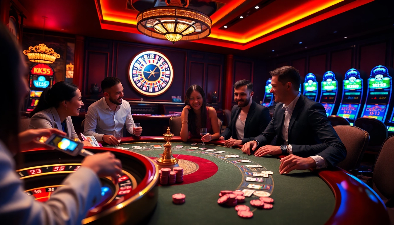 Players enjoying a thrilling casino experience with KK55-themed poker chips and vibrant slot machines.