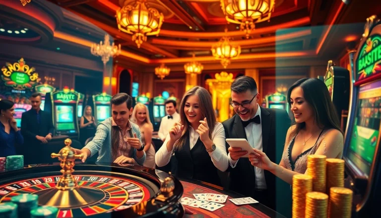 Engaging gamblers enjoying thrilling games on phsky.ltd with vibrant casino elements and luxurious atmosphere