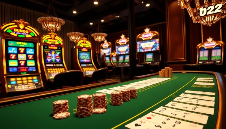 Capture the excitement of gambling with an immersive scene showcasing slots and poker at https://b52club.watch.