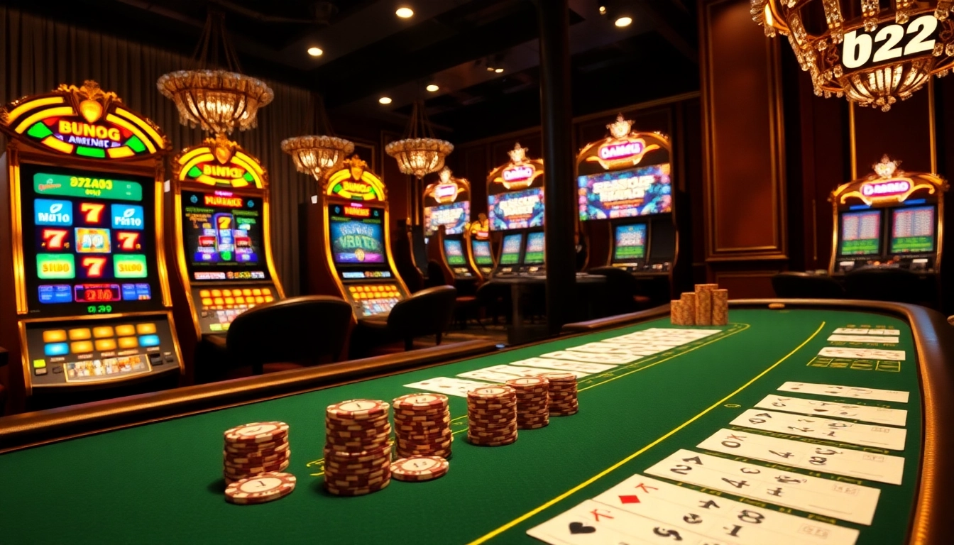 Capture the excitement of gambling with an immersive scene showcasing slots and poker at https://b52club.watch.